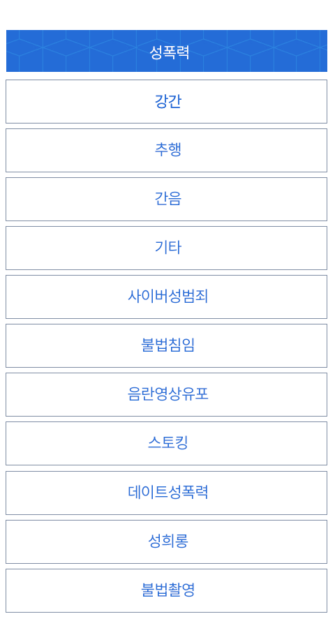 성폭력 밑에 강간,추행,간음,기타,사이버성범죄,불법침임,음란영상유포,스토킹,데이트성폭력,성희롱,불법촬영